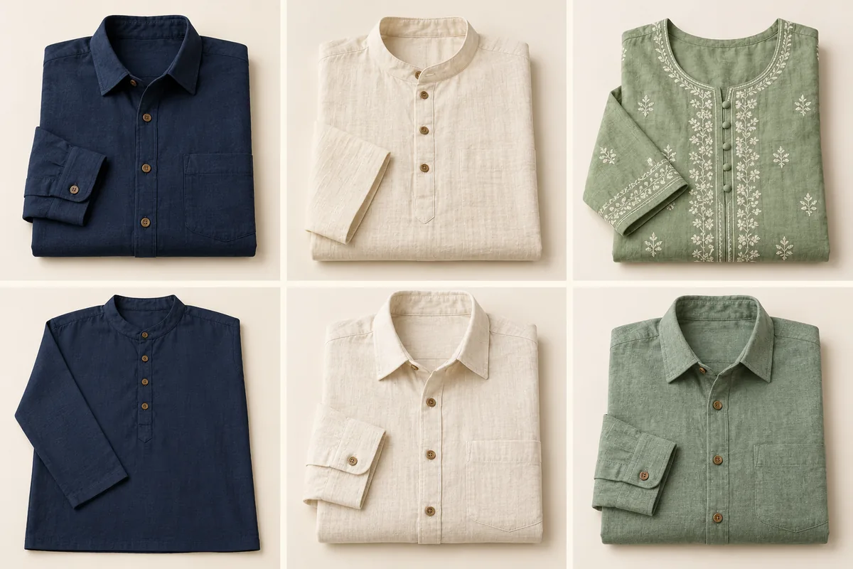 Illustrative manufacturer photo batch showing six clothing styles