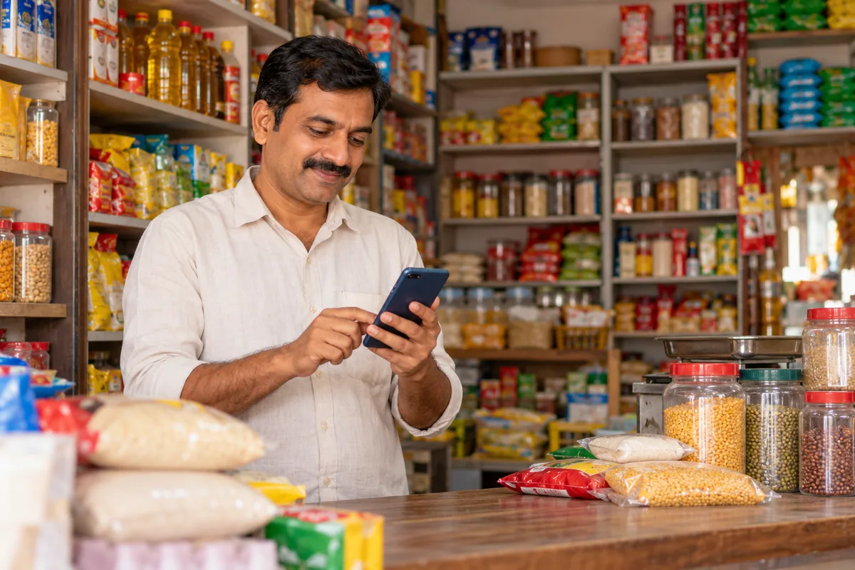 Illustrative Indian kirana retailer using a smartphone at a stocked grocery counter