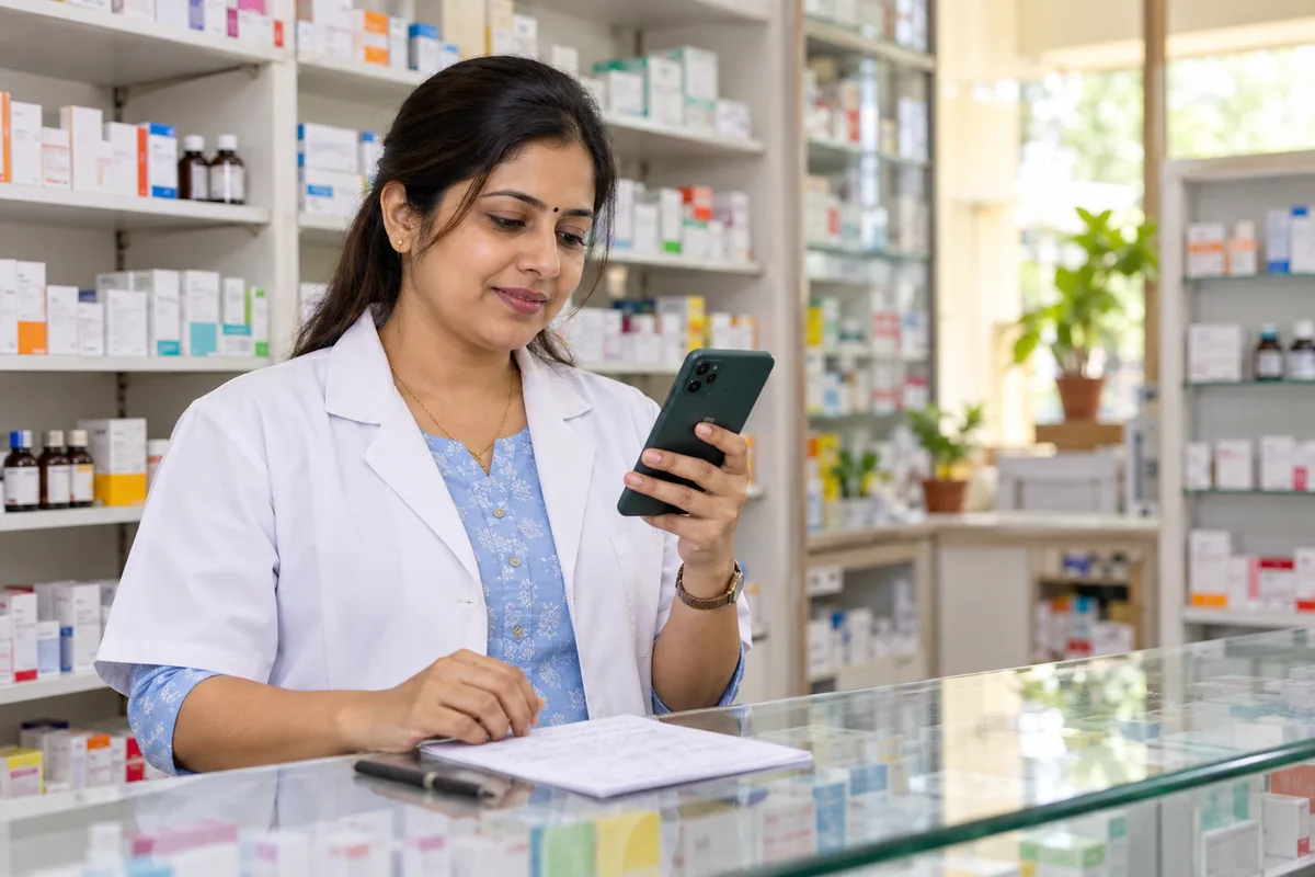 Illustrative Indian pharmacy retailer with a smartphone and handwritten stock order at a medicine counter